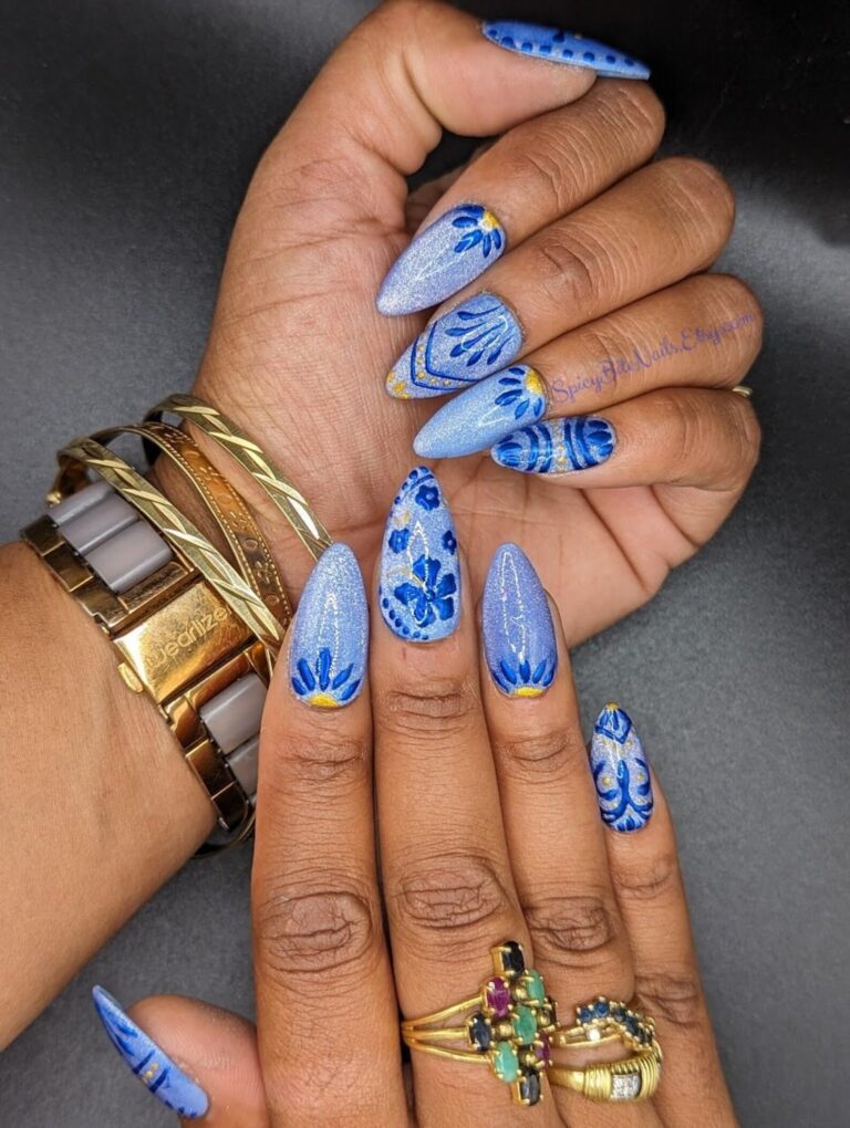 Spicy Bite Nails Talavera - Blue Cat Eye and Blue Chrome Mexican Tile Inspired Press-On Nail Extensions