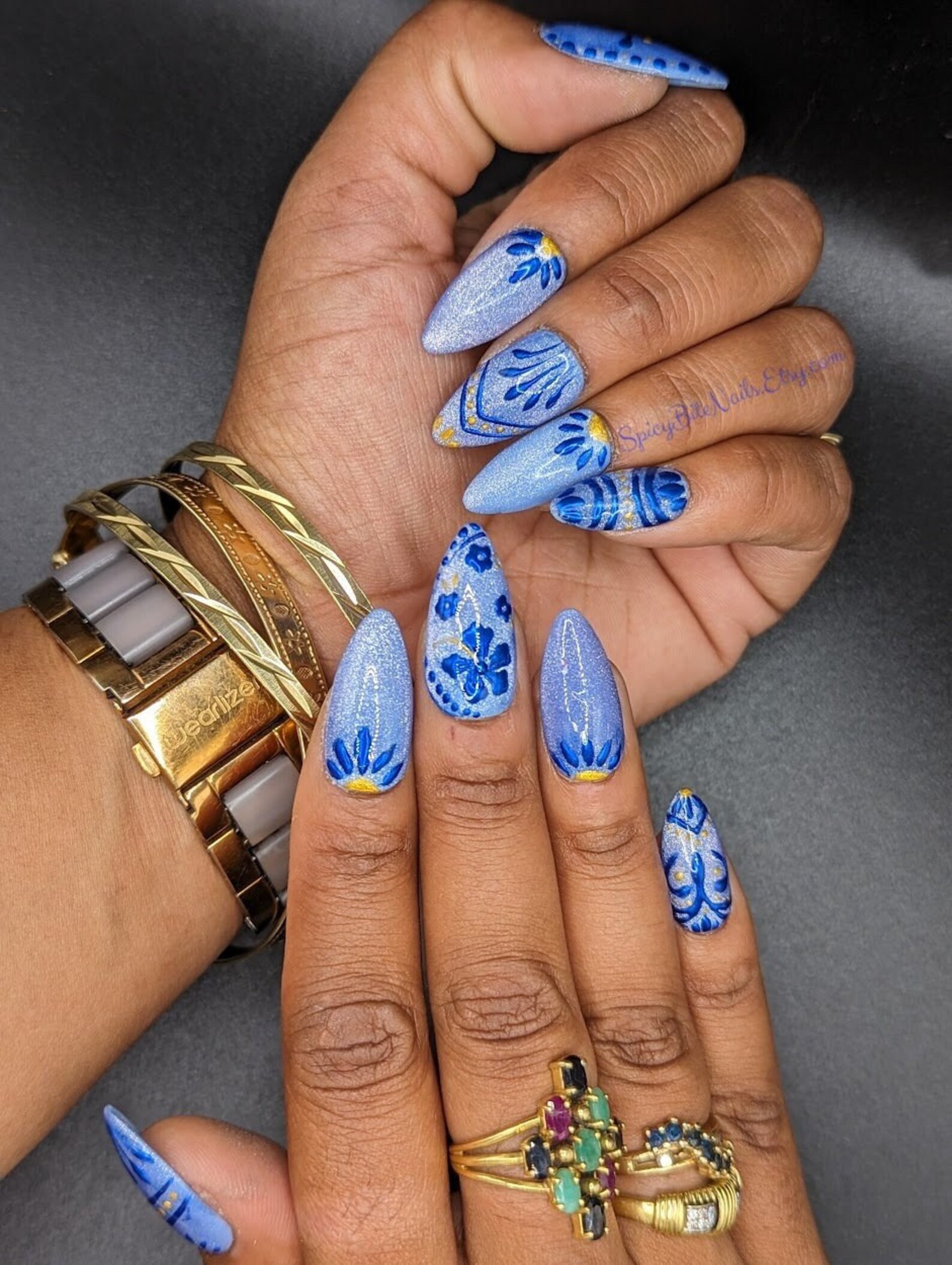 Spicy Bite Nails Talavera - Blue Cat Eye and Blue Chrome Mexican Tile Inspired Press-On Nail Extensions