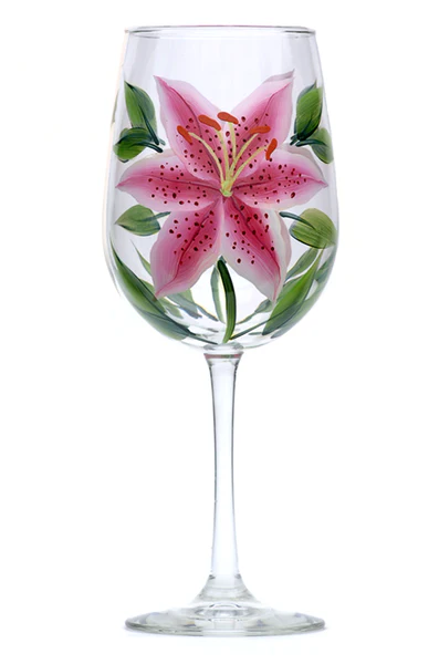 Wineflowers Hand Painted Glassware Stargazer Lily Wine Glass