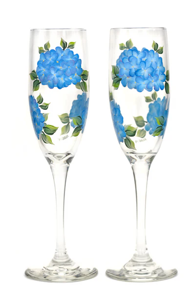 Wineflowers Hand Painted Glassware champagne hydrangeas blue