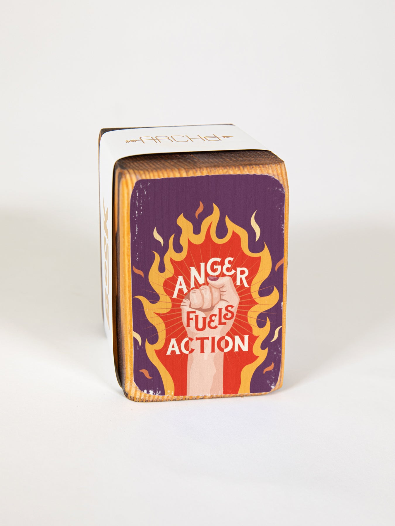 ARCHd bookend anger-fuels-action-progressive-fist-in-fire-illustration-art-wood-bookend
