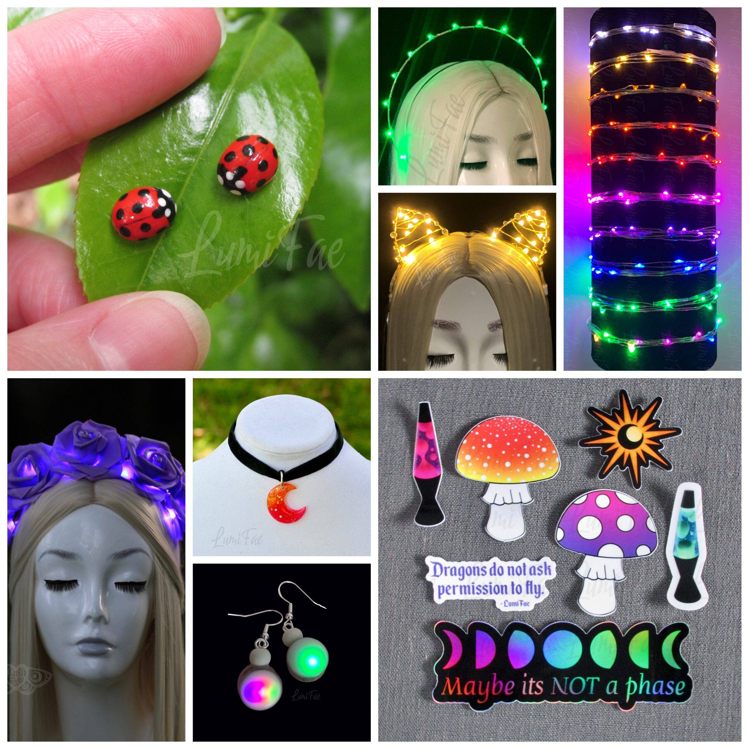 Photo collage of handmade jewelry, handmade headpieces, and stickers created by LumiFae