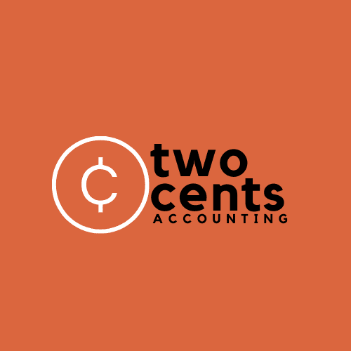 Logo for Two Cents Accounting, cents cymbol in white, with Two Cents Accounting in black text, with a copper orange background