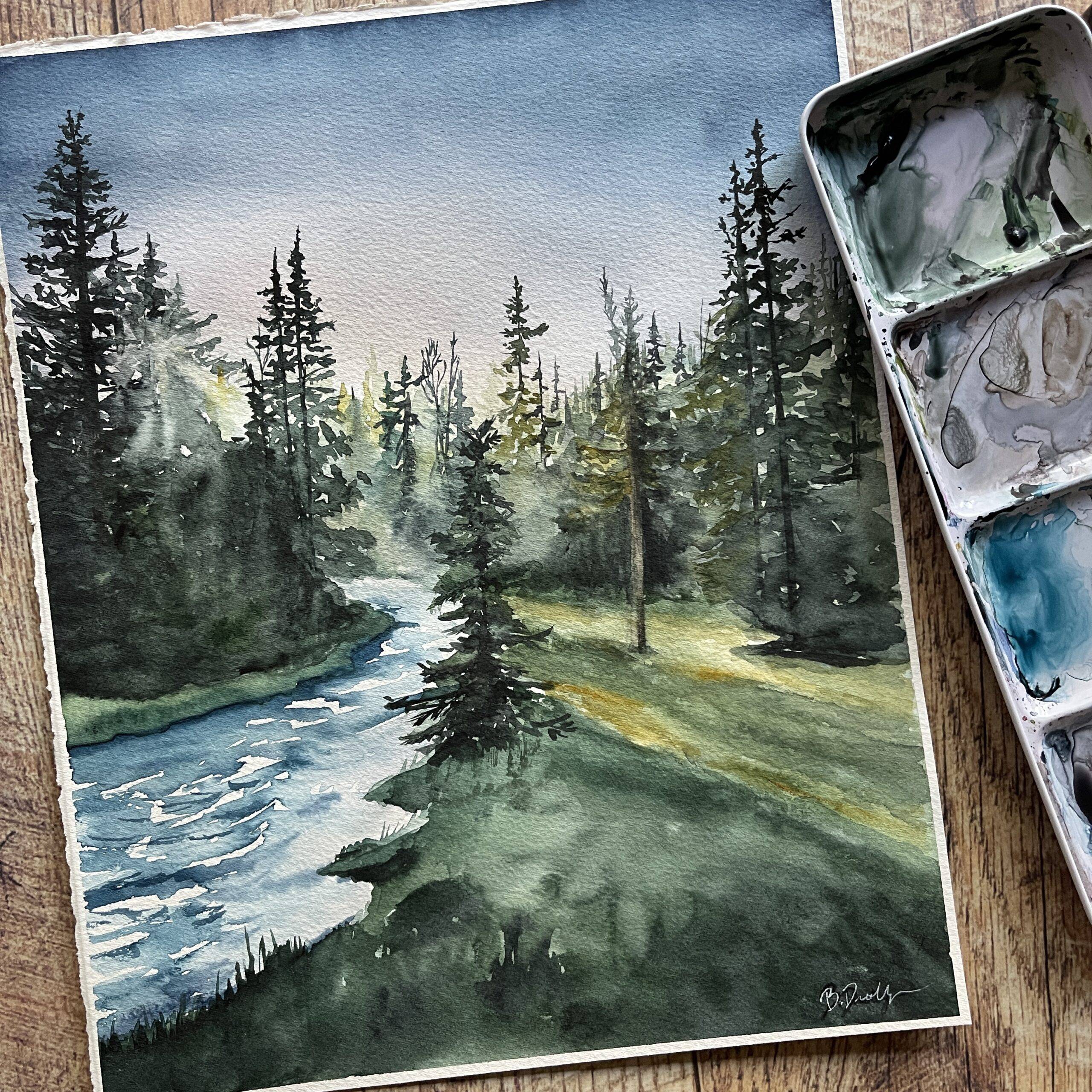 Original Watercolor painting of river through a pine forest with soft light rays coming through the trees