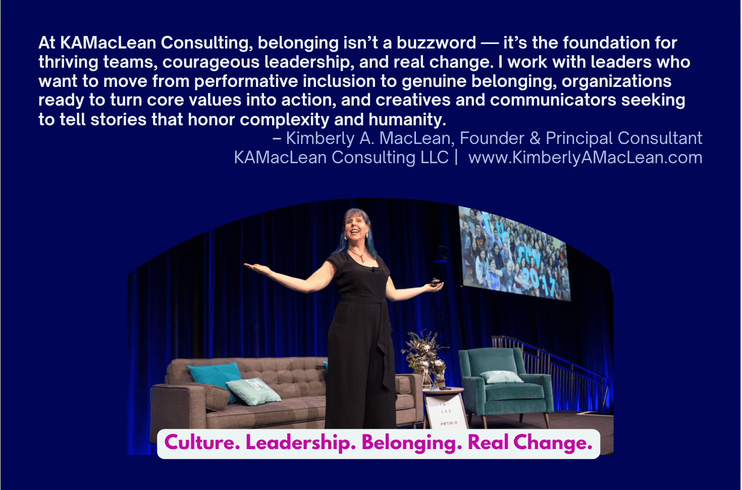 Image of Kimberly MacLean on stage leading workshop to hundreds of women with summary of business above in white