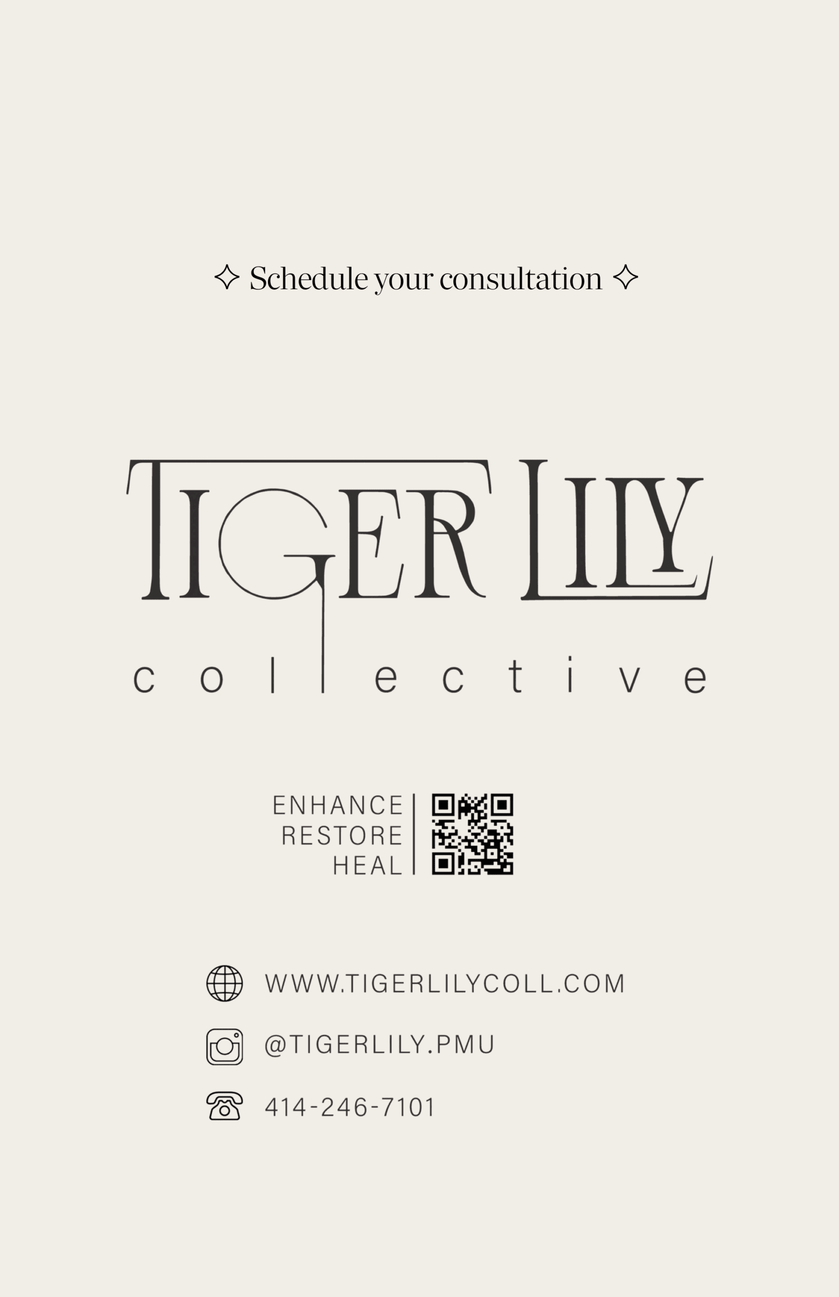 Business info with contact info and qr code for other resources and links.