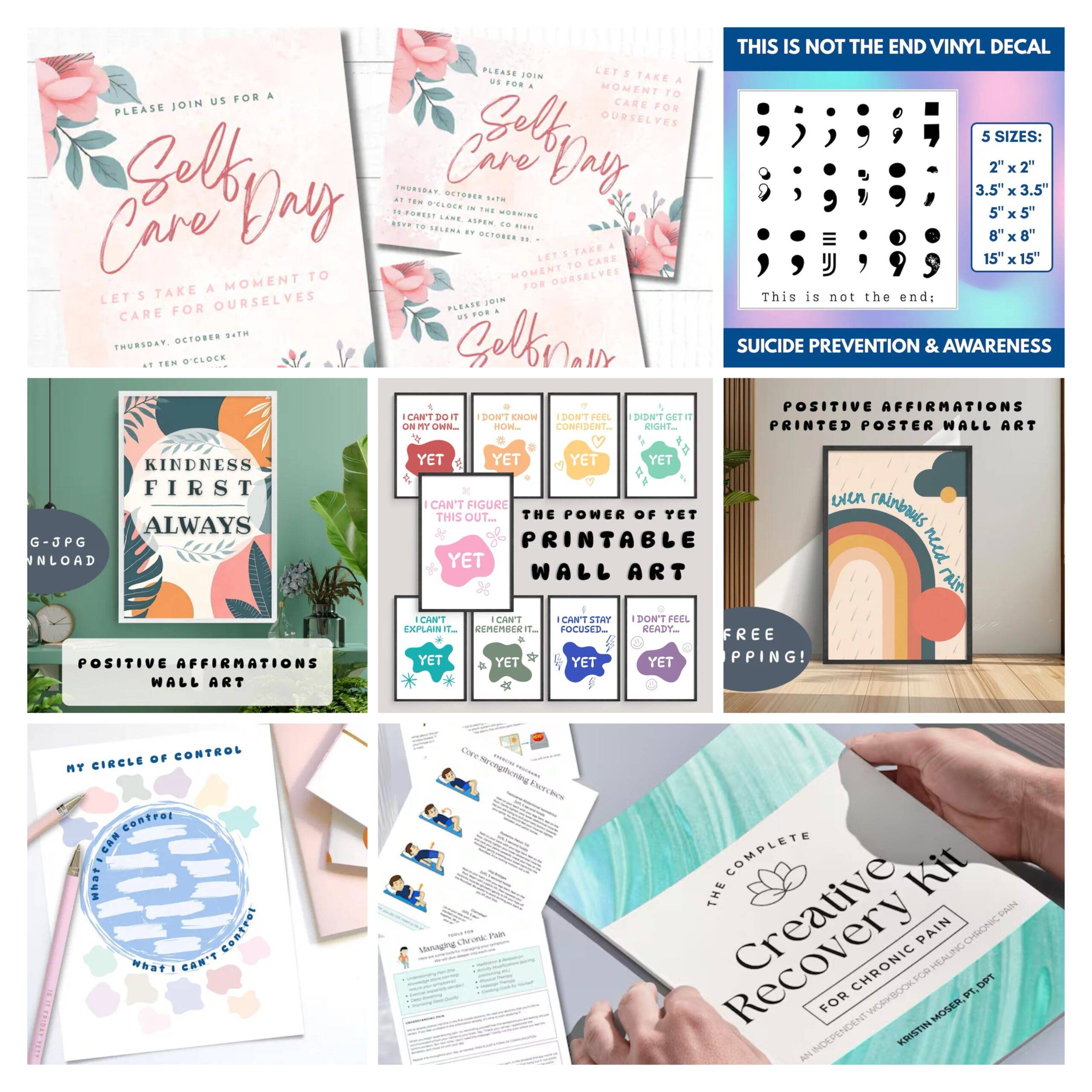 Self care day invitation, semi-colon suicide awareness, kindness and encouragement, growth mindset, circle of control, chronic pain recovery kit
