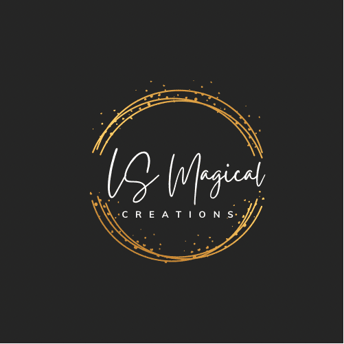 Dark grey background with gold circle and white text that says, LS Magical Creations.