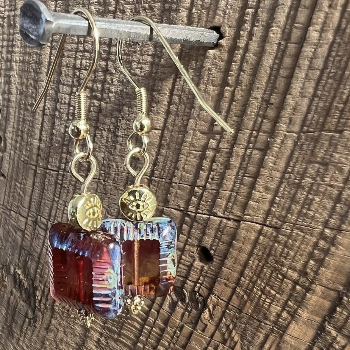 SariBlue earrings Czech glass gold evil eye and hooks Artisan earrings Unique jewelry