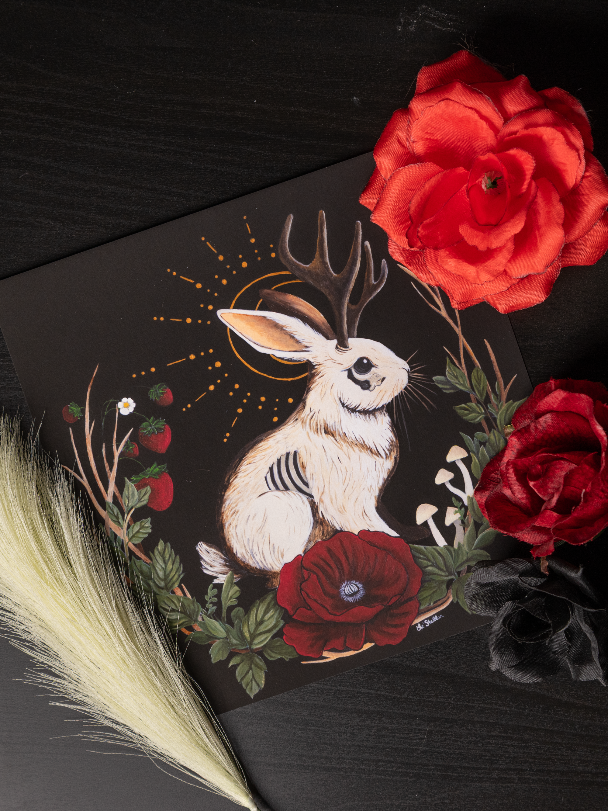 Jackalope painting with mushrooms and poppys