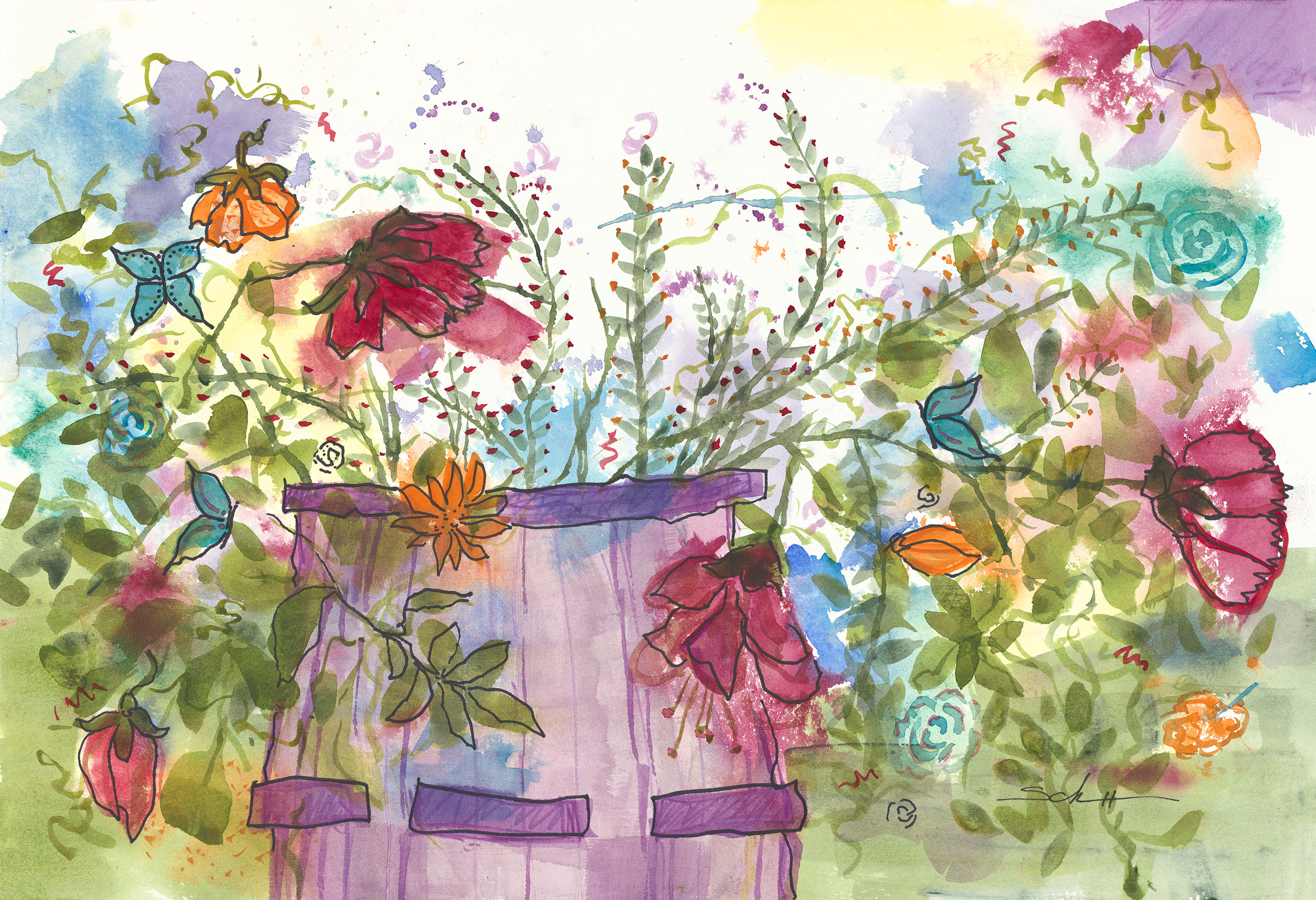 purple pot filled with colorful flowers