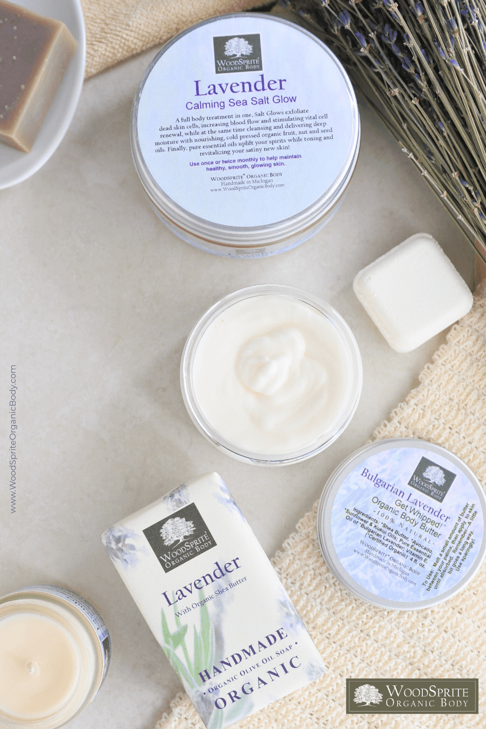 An arrangement of organic bodycare products.