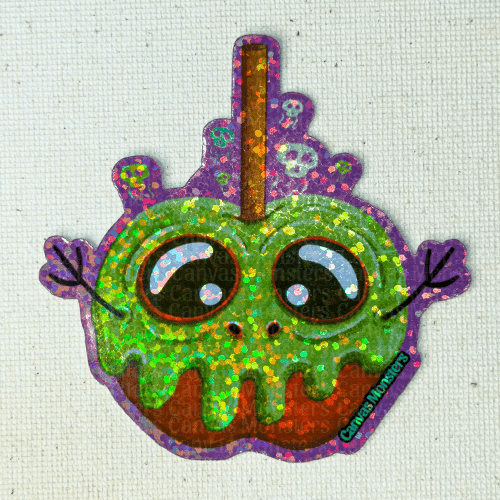 Glitter sticker of a character shaped as an apple on a stick covered in green poison.
