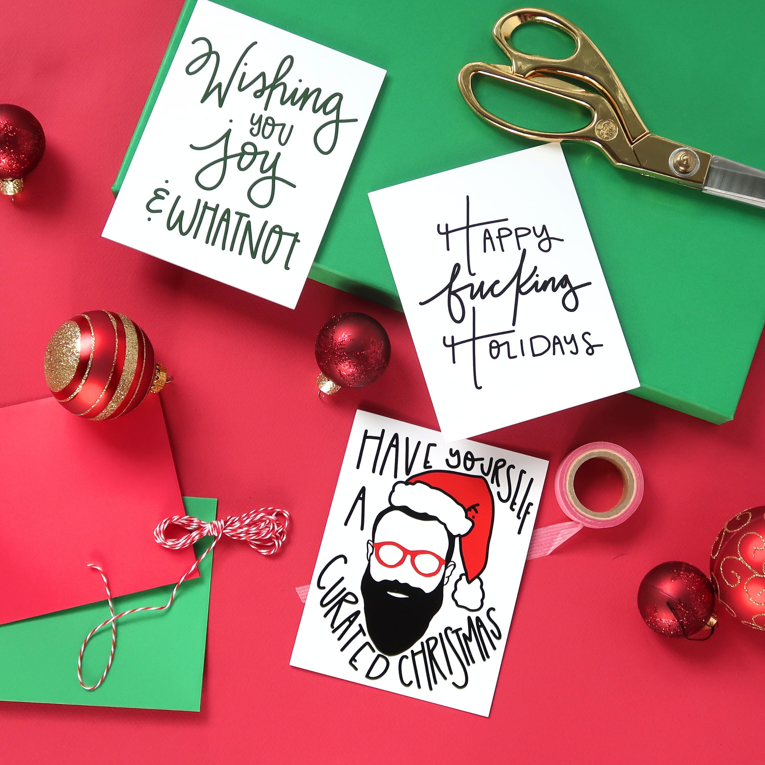Wishing you Joy and whatnot, Happy Fucking Holidays original greeting cards by Pretty Peacock Paperie