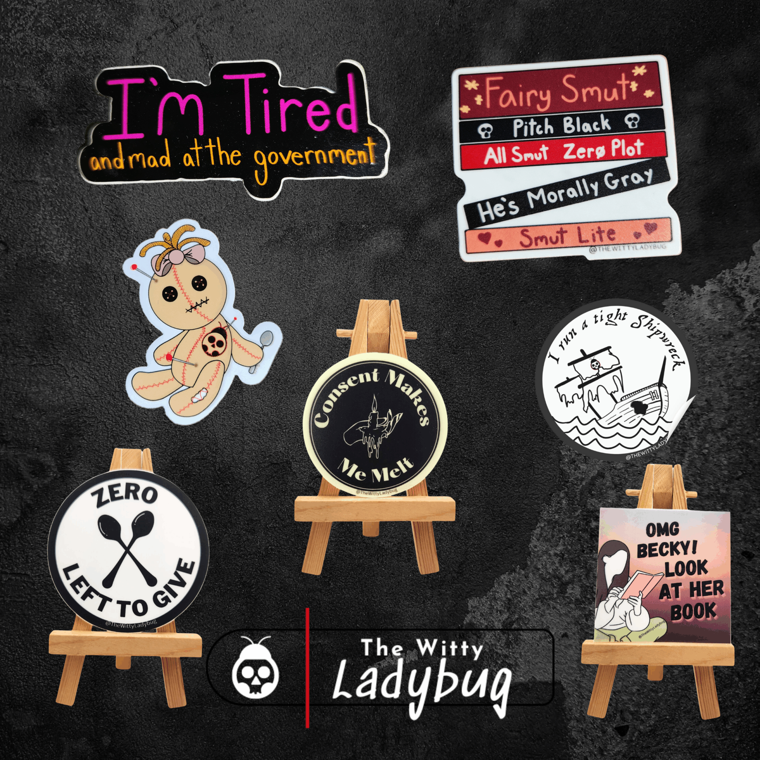 An image with a black background of 7 stickers made by The Witty Ladybug.