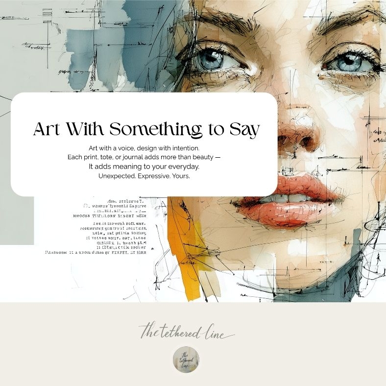 Abstract portrait illustration of a woman with expressive blue eyes and layered sketch-style textures, paired with the phrase “Art With Something to Say,” representing The Tethered Line’s brand identity.