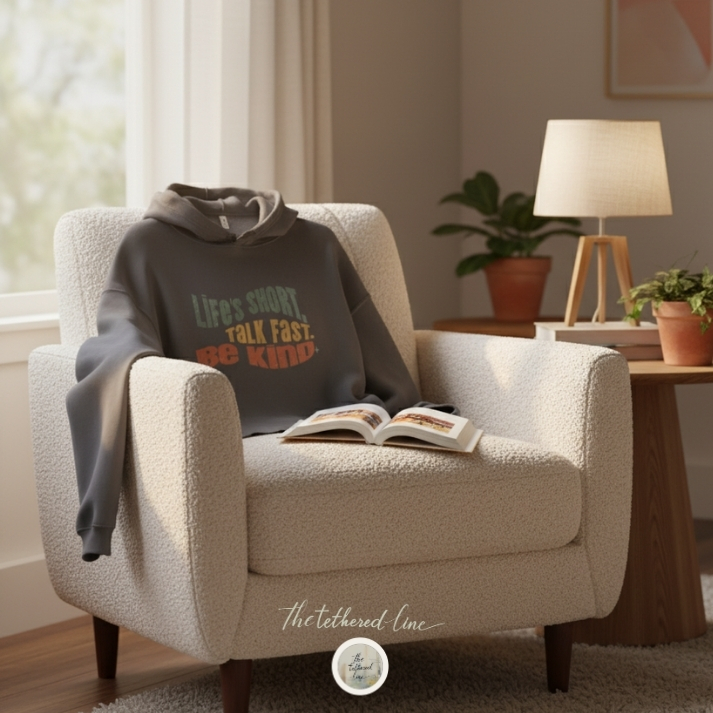 A cozy reading nook with a cream armchair draped with a cropped hoodie that reads “Life’s short. Talk fast. Be kind.” An open book rests on the seat beside it.