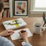 Person writing a postcard at a wooden desk with a stack of “Your Vote, Your Voice” art postcards, a cup of coffee, and colorful pens nearby.