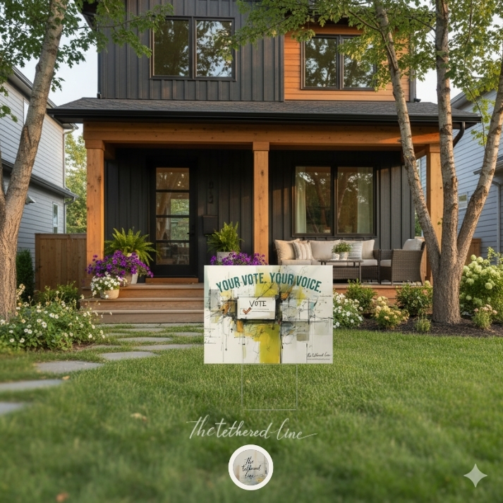 “Your Vote. Your Voice.” yard sign with abstract civic artwork displayed on the lawn of a modern home.