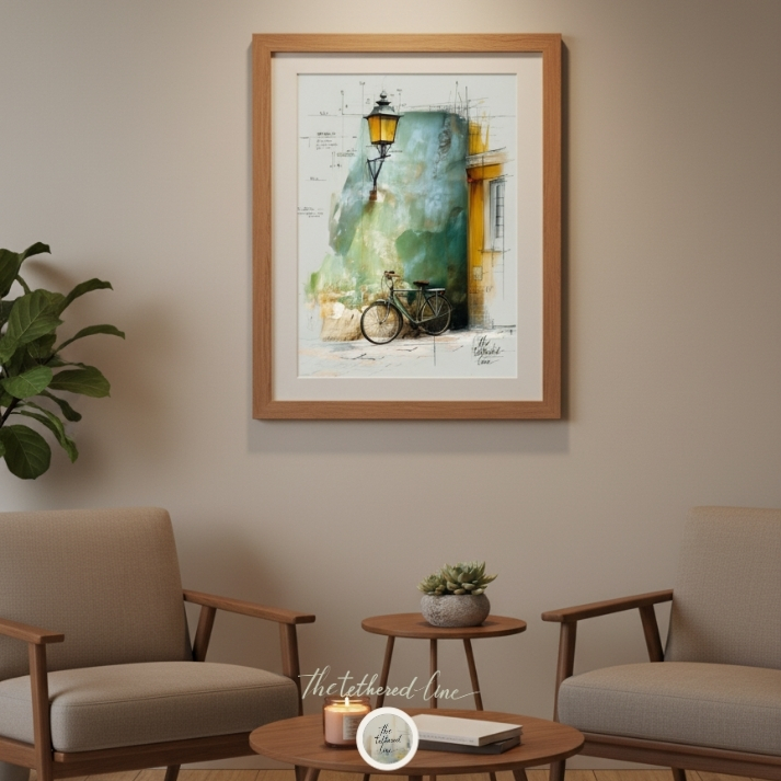 Framed bicycle artwork hanging on a wall above two mid-century chairs and a small table with candles and a plant.