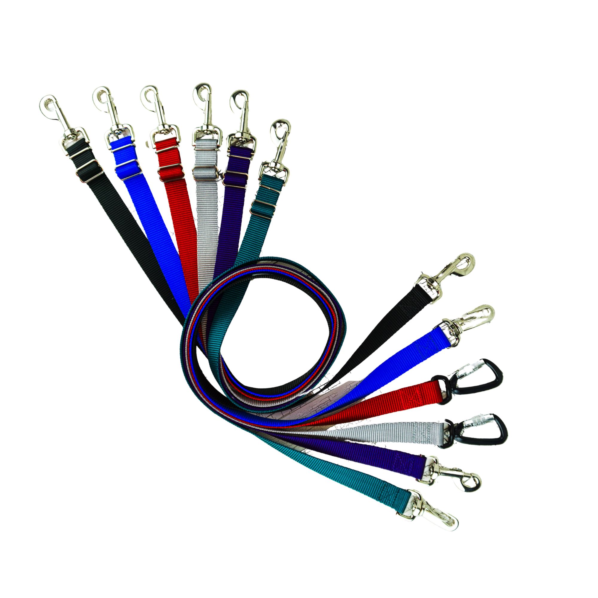 six colors of hands free adjustable leashes with 3 hardware options.