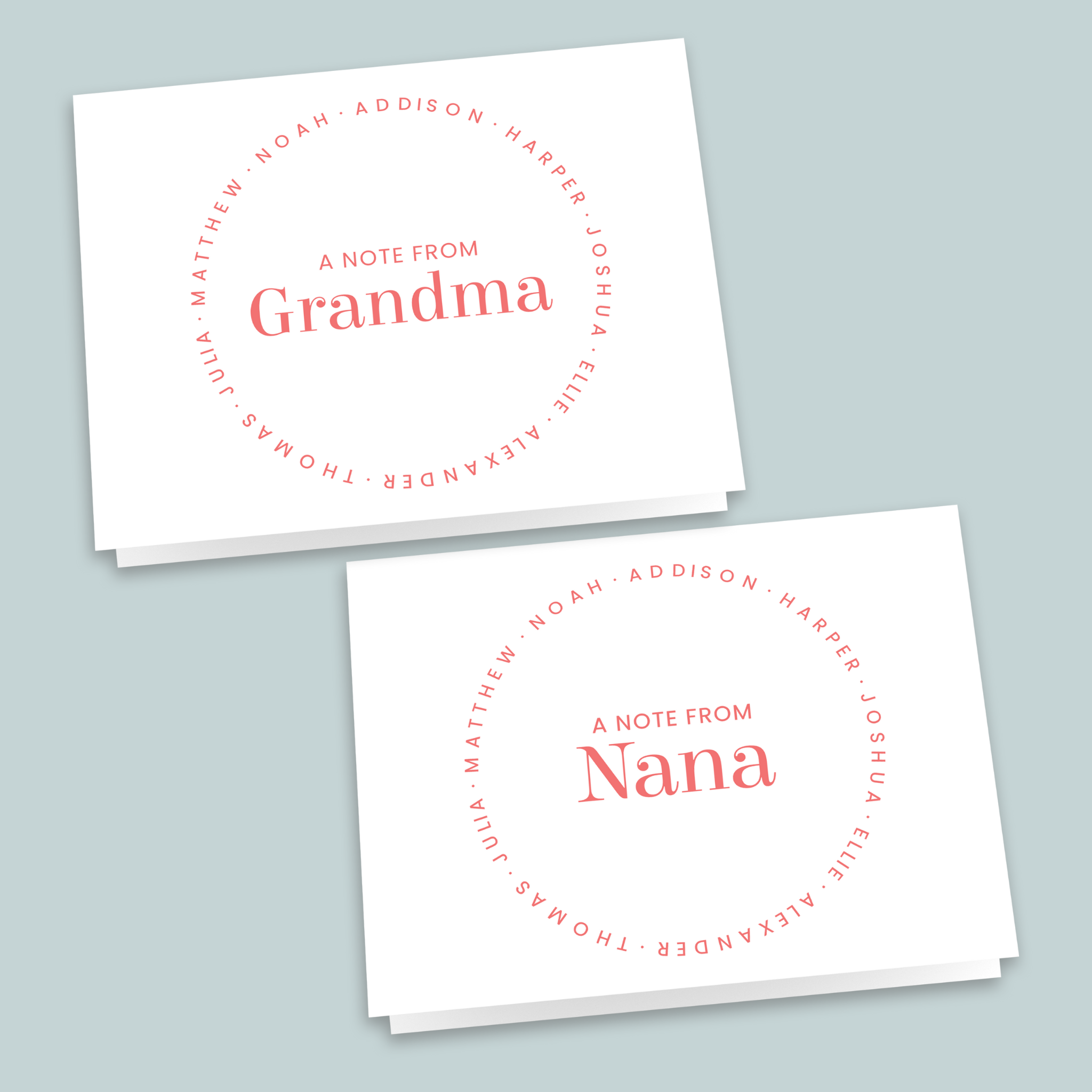 Folded notes with personalized names of grandchildren around circle, Notes from Nana in the center