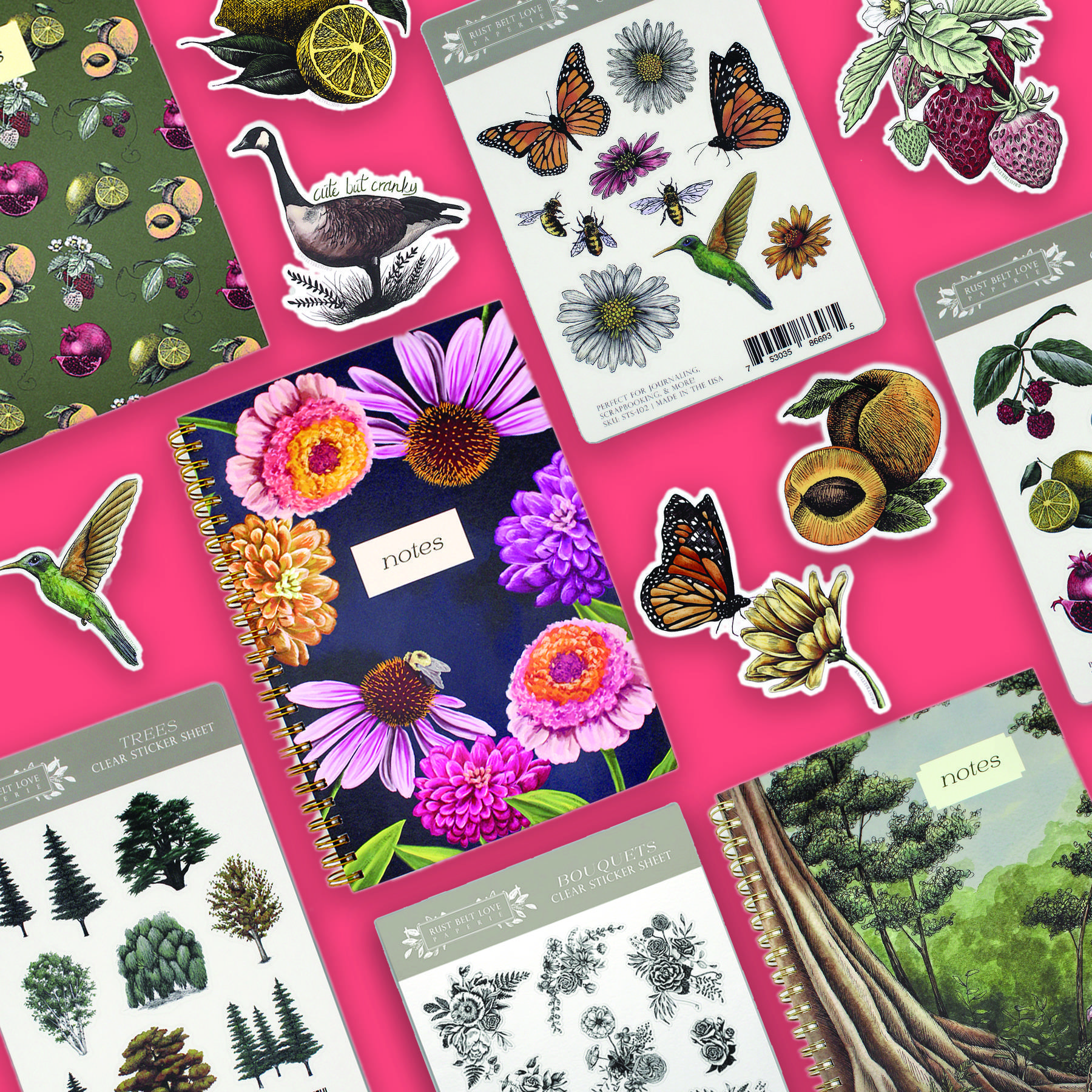 Rust Belt Love products notebooks, stickers, and sticker sheets