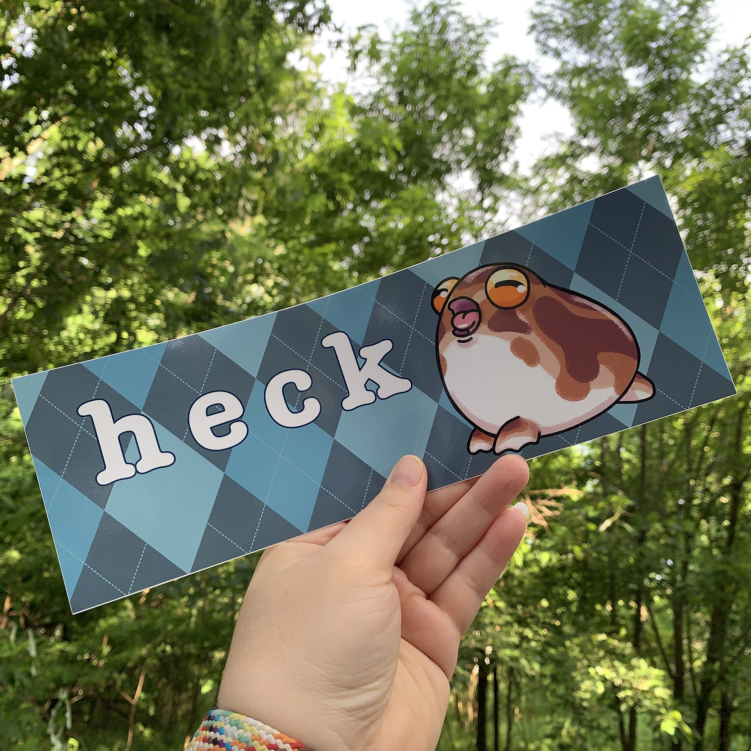 A hand holding a bumper sticker with a blue argyle background, and a round bean-shaped desert rain toad with its' little mouth open in a scream. Large white text says