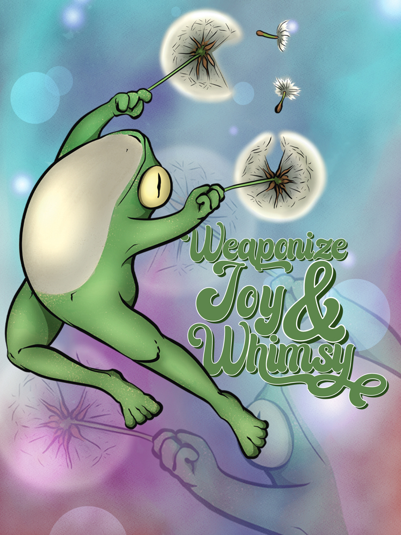 A frog holding dandelions like pom poms leaps to the left against a blue and purple background. Text says