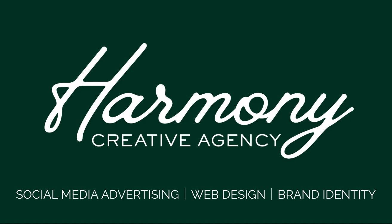 Green background with text ‘Harmony Creative Agency’ ‘social media advertising, web design, brand identity’