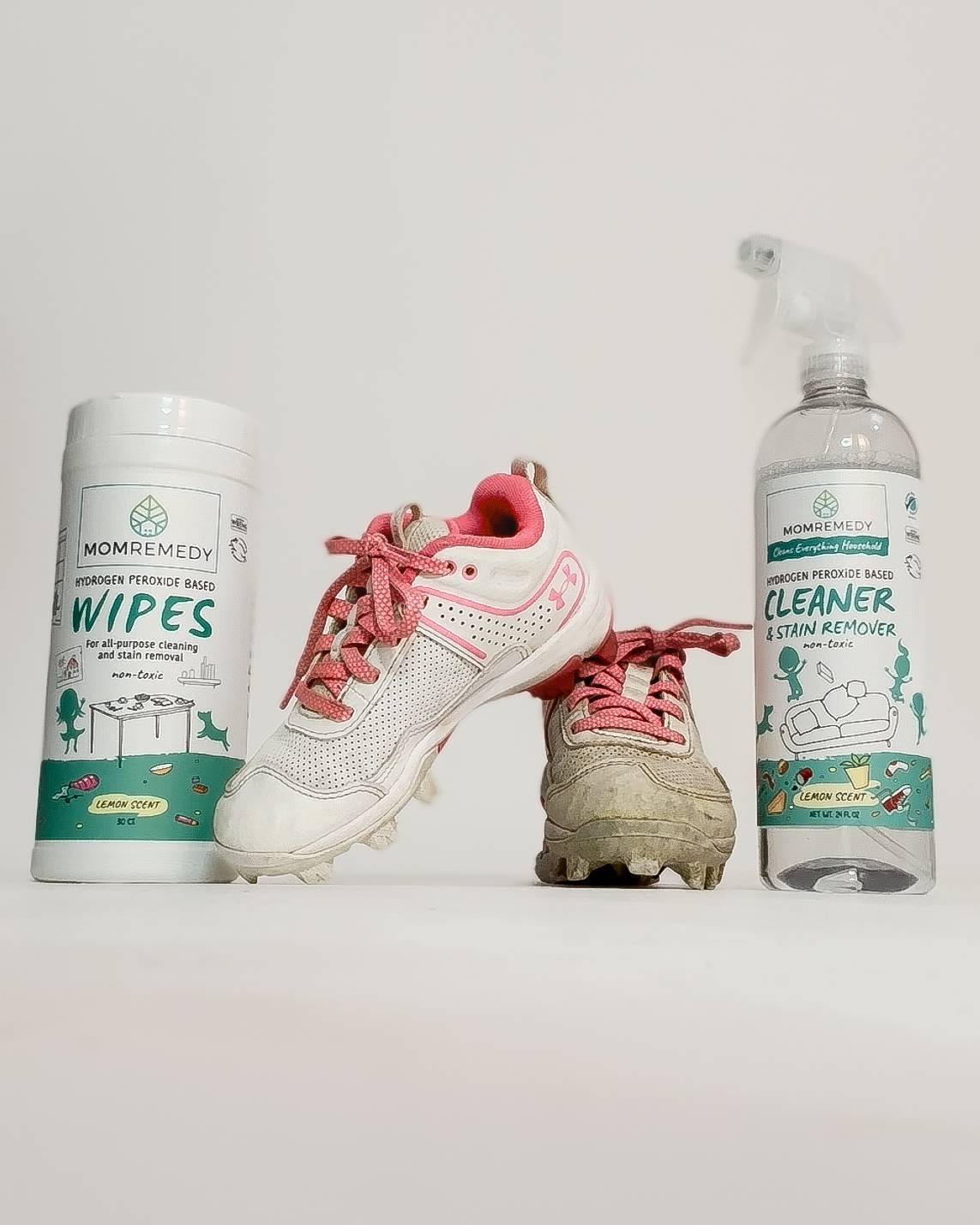 MomRemedy Cleaning Wipes and Spray Cleaner showing before and after cleaned sneakers.