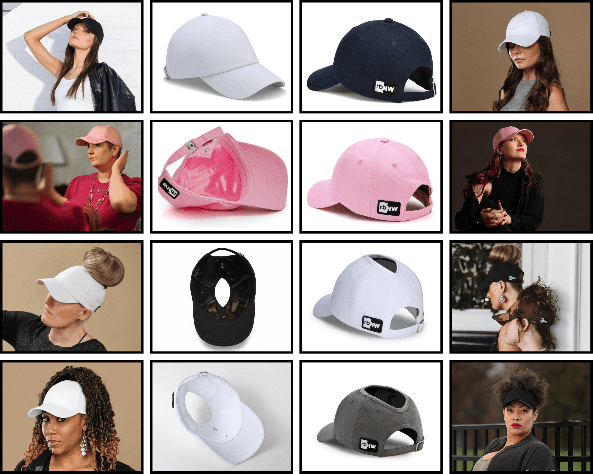 A collage of Rosebloom Headwear styles worn by diverse models and shown in studio product shots. The grid includes open-crown caps, stretch-fit styles, and visors in black, white, navy, pink, and gray, shown on people with various hairstyles including buns, locs, curls, braids, and protective styles.