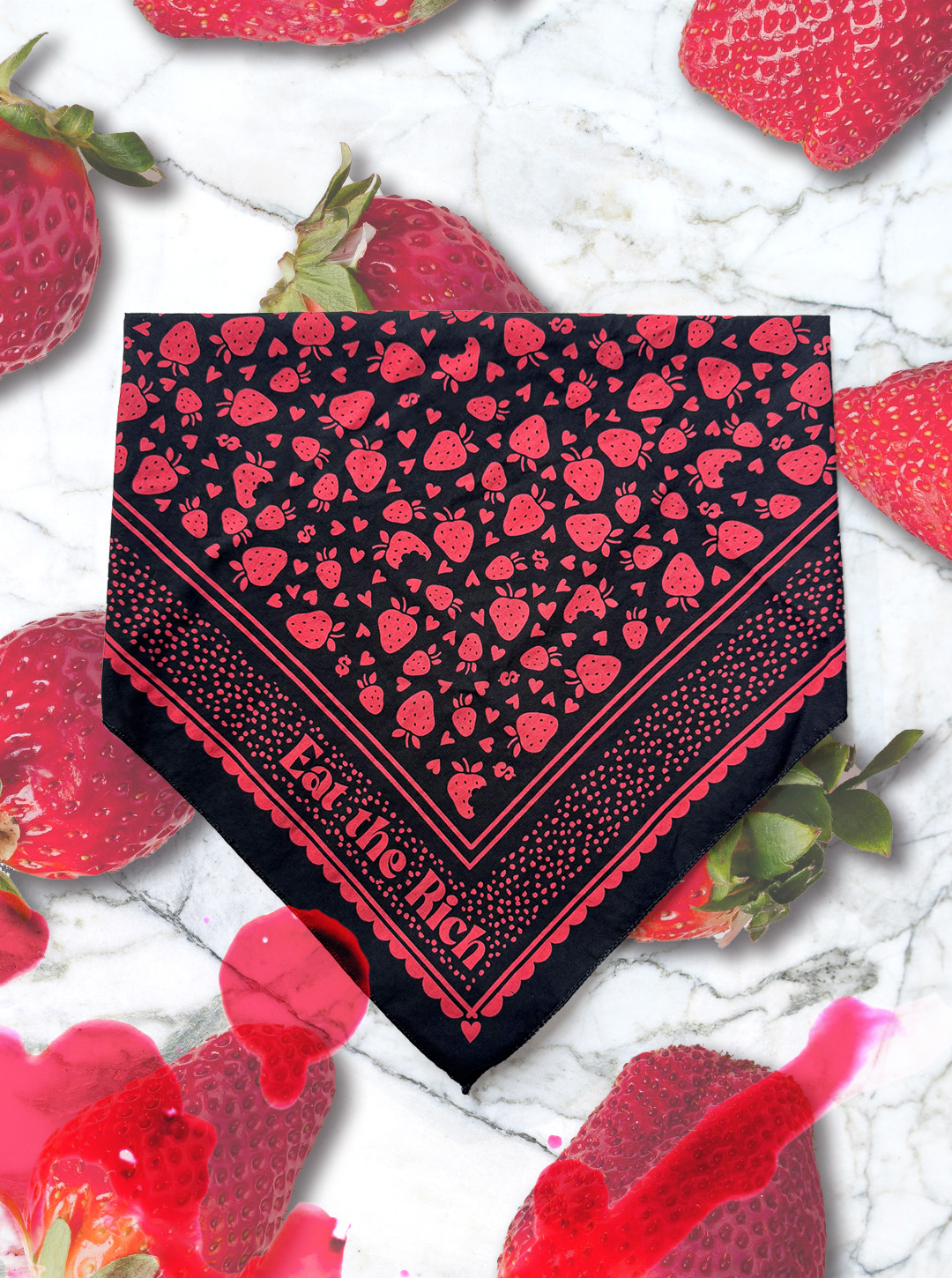 'Eat the Rich' Sugar Camp Bandana in black truffle on strawberry background