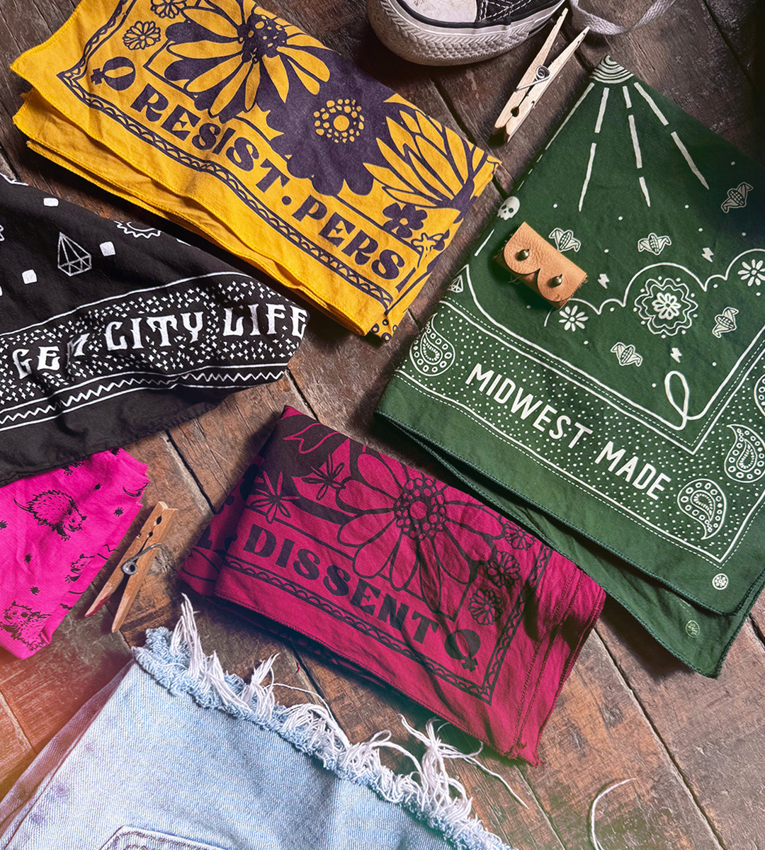 Sugar Camp Bandanas Flat Lay, Resist, Midwest made, opossums