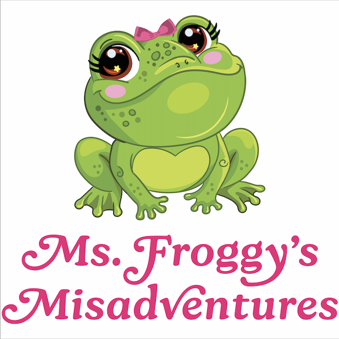 A cartoon drawing of a frog with a bow on her head and the company logo beneath.