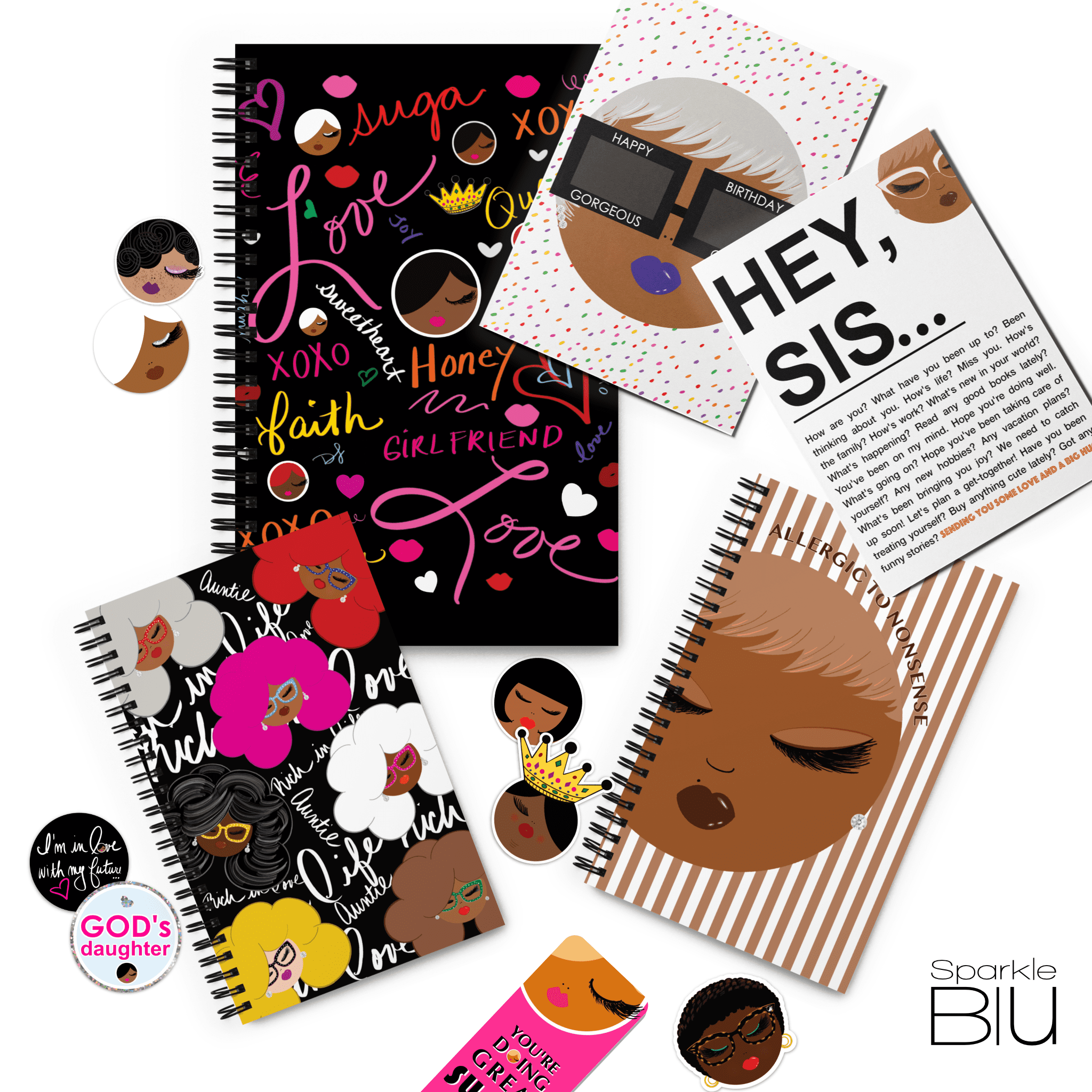 woman stationery greeting cards, stickers, notebooks