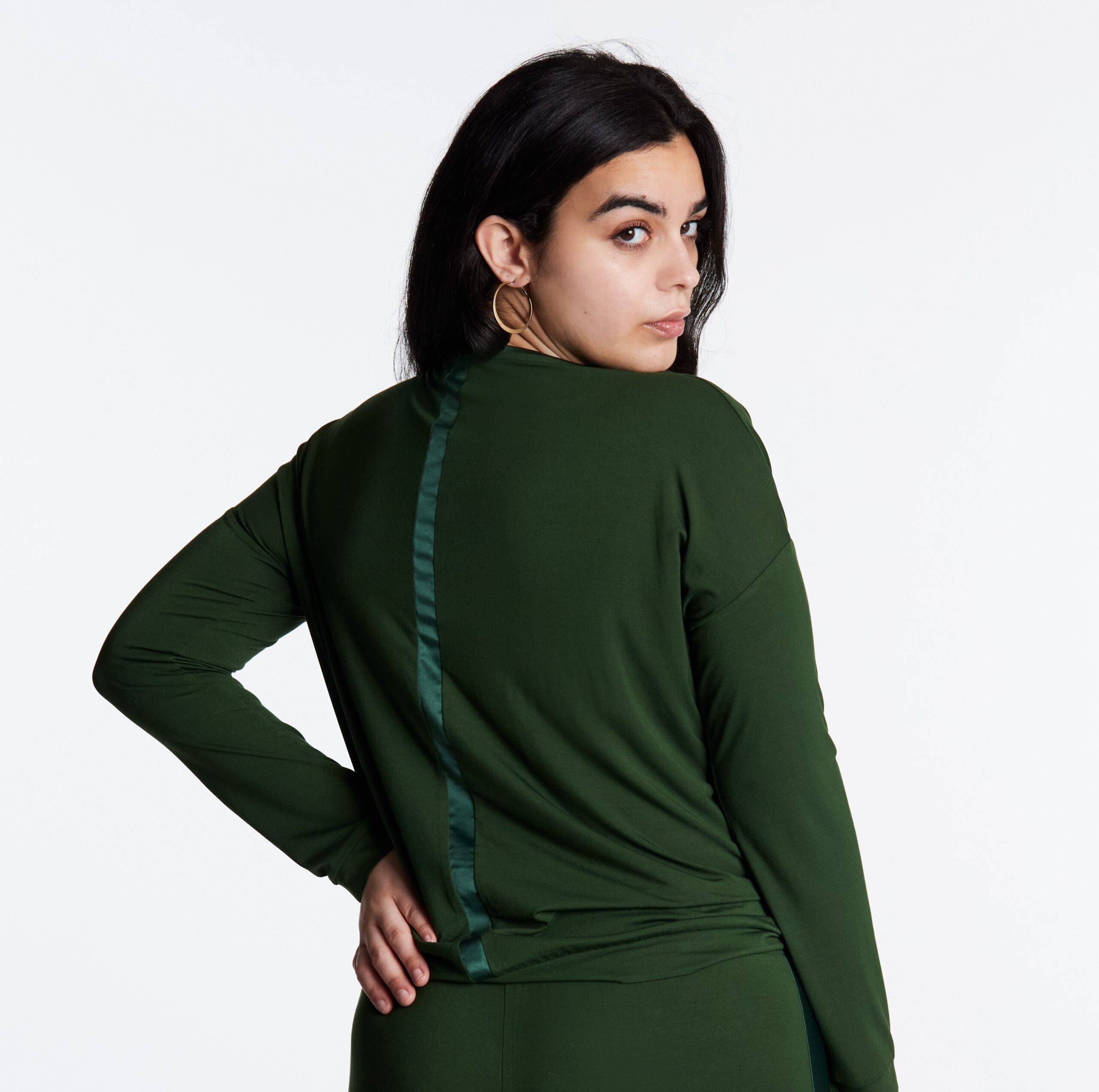 Woman in Bamboo Tuxedo Lounge Set with Comfy, Lightly Padded Built-In Support (Forest Whisper)