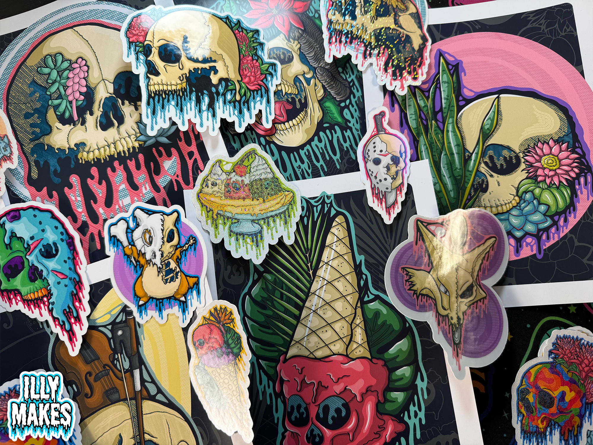 Collage of Illymakes drippy skull stickers and prints featuring plants, animals, Pokémon-inspired designs, and colorful macabre artwork layered together.