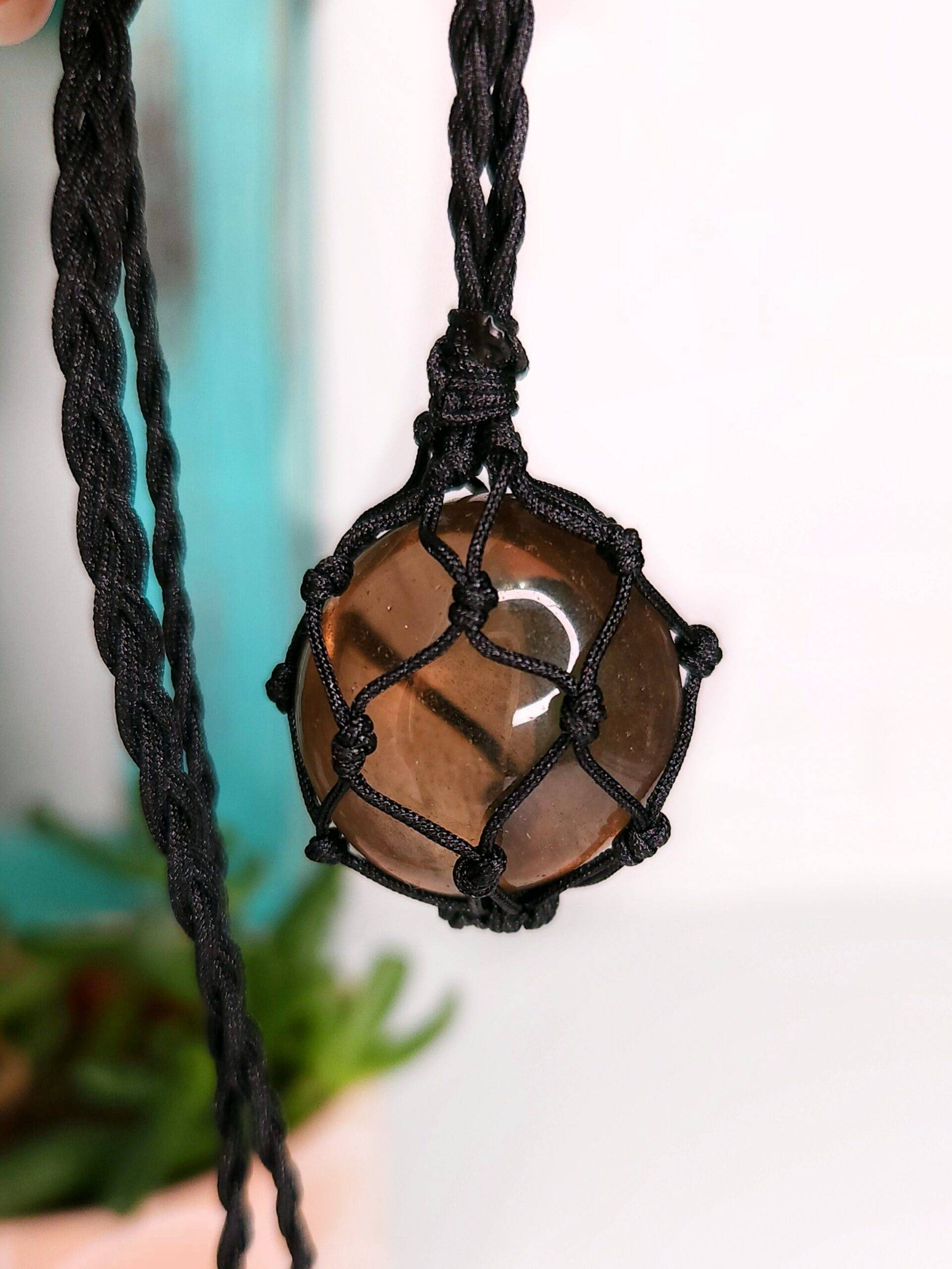 Macrame Knotted Smoky Quartz Crystal Pouch Necklace