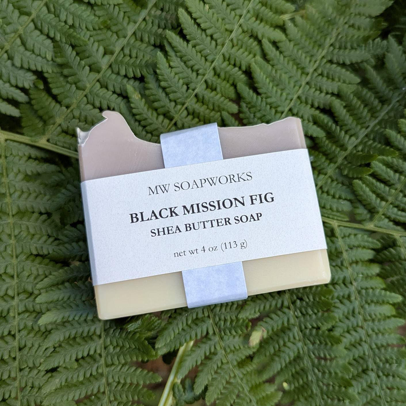 A 4 ounce bar of MW Soapworks Black Mission Fig Shea Butter Soap sits on a bed of ferns.