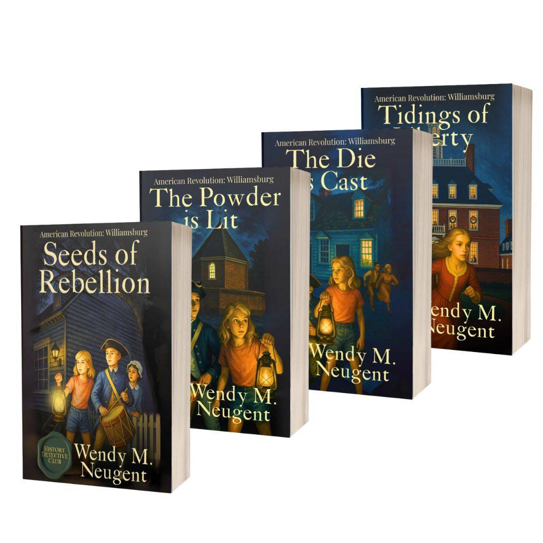 The first four books from the History Detective Club: American Revolution series by Wendy M. Neugent displayed together, including Seeds of Rebellion, The Powder Is Lit, The Die Is Cast, and Tidings of Liberty.