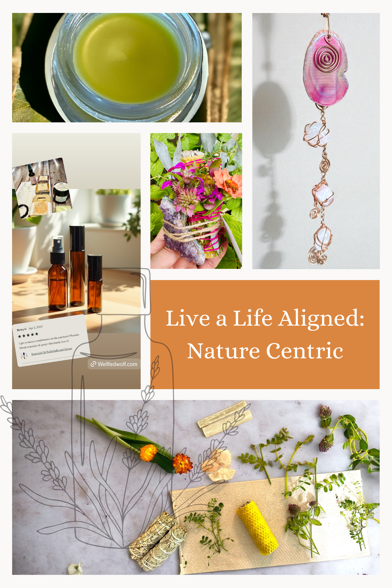 Picture of glass spray bottles , Crystal Suncatchers, natural skin care & sage wands