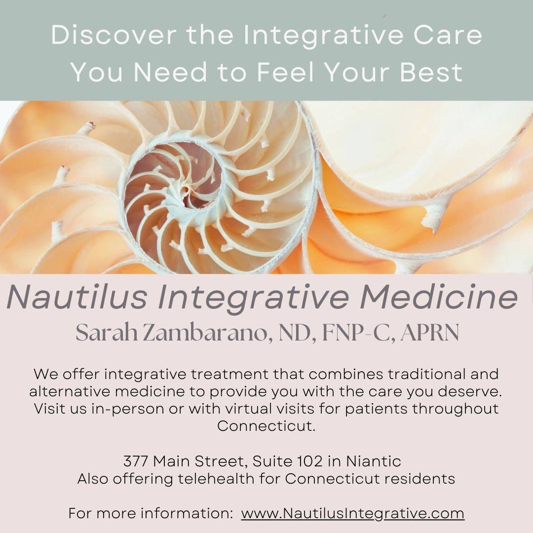 Nautilus Shell with description of holistic health services and business address.