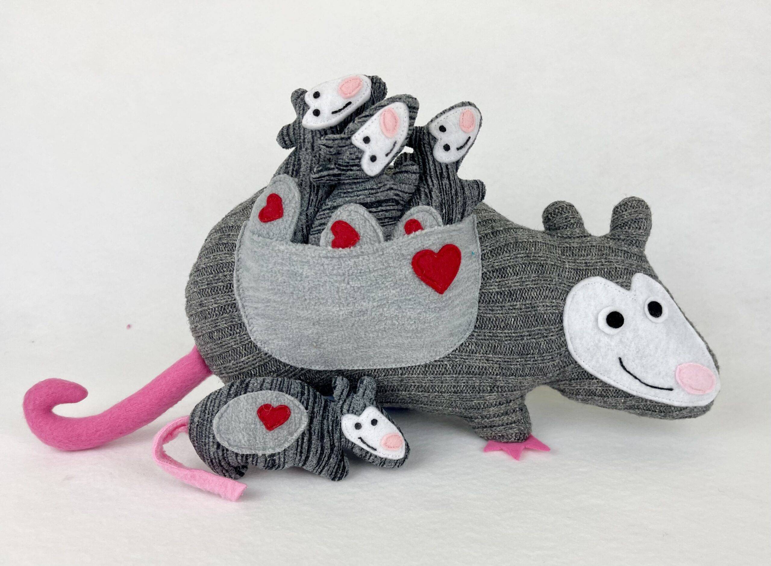 Handmade opossum stuffed animal with three babies in her pouch. Made from eco-friendly up cycled fabrics.