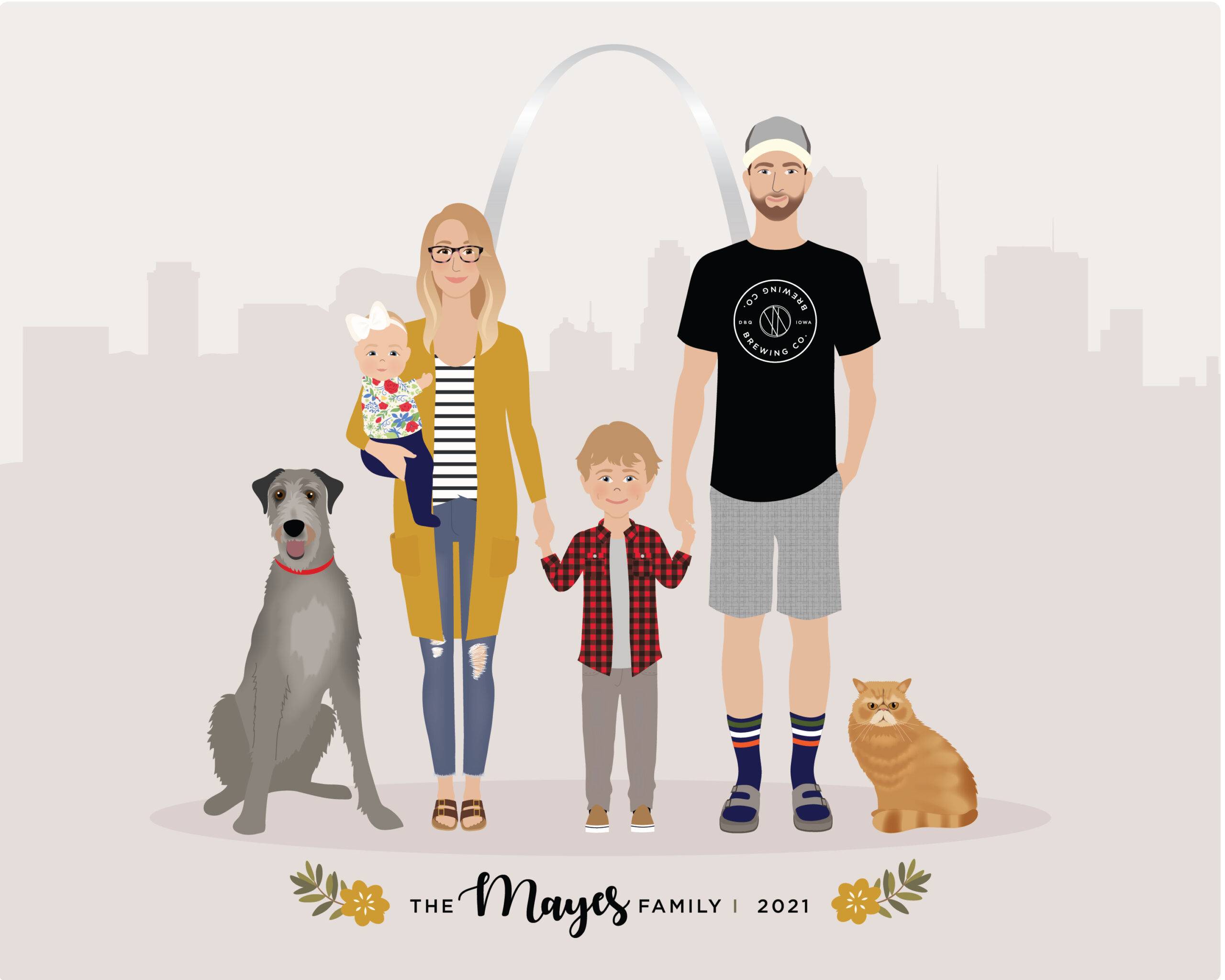 Custom hand drawn portrait features a family of parents, children, and their pets standing in the foreground, with their home city skyline in the background.