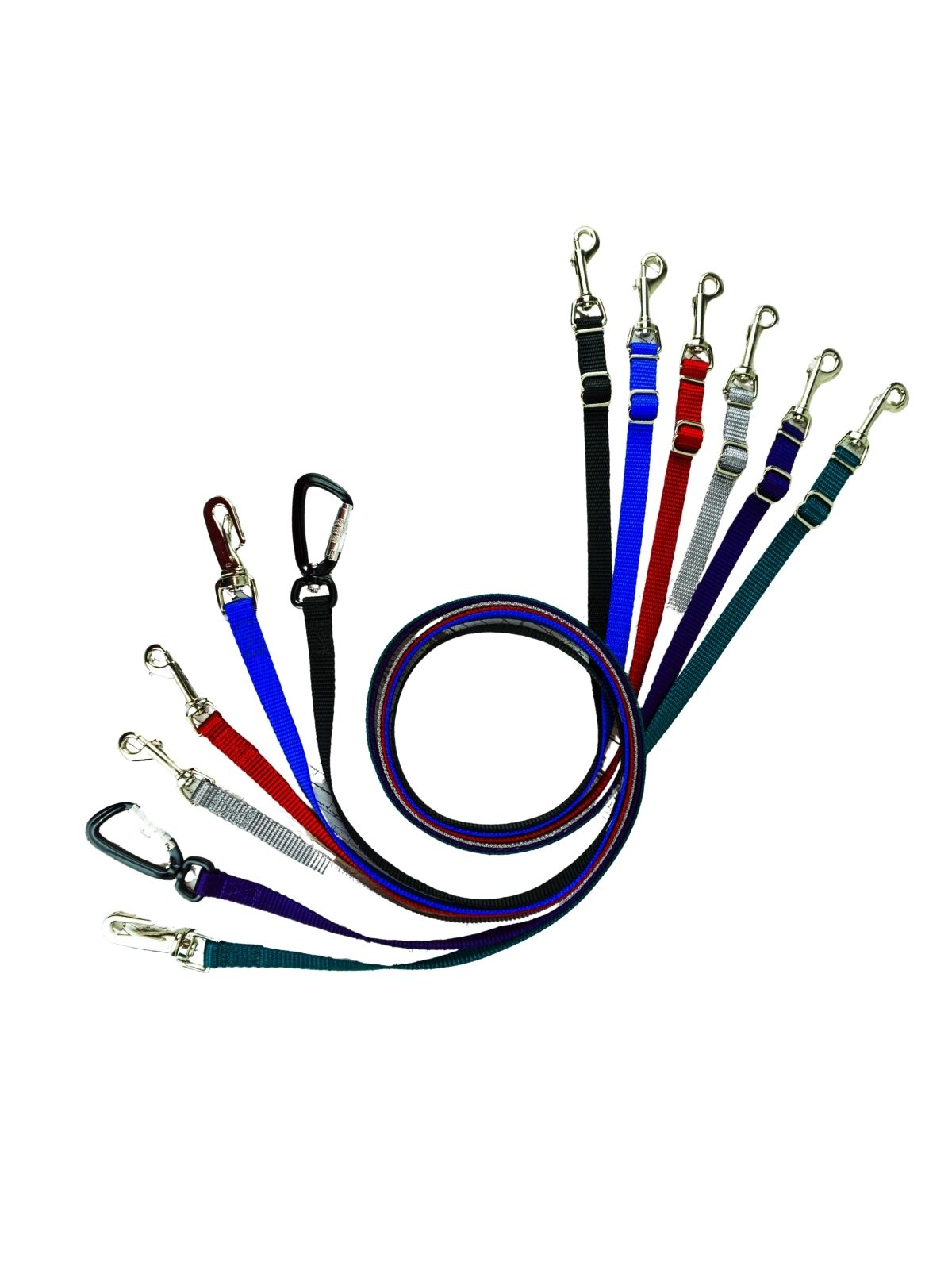 multiple hands free leashes with 3 hardware options, 10 color options, and 3 length options.