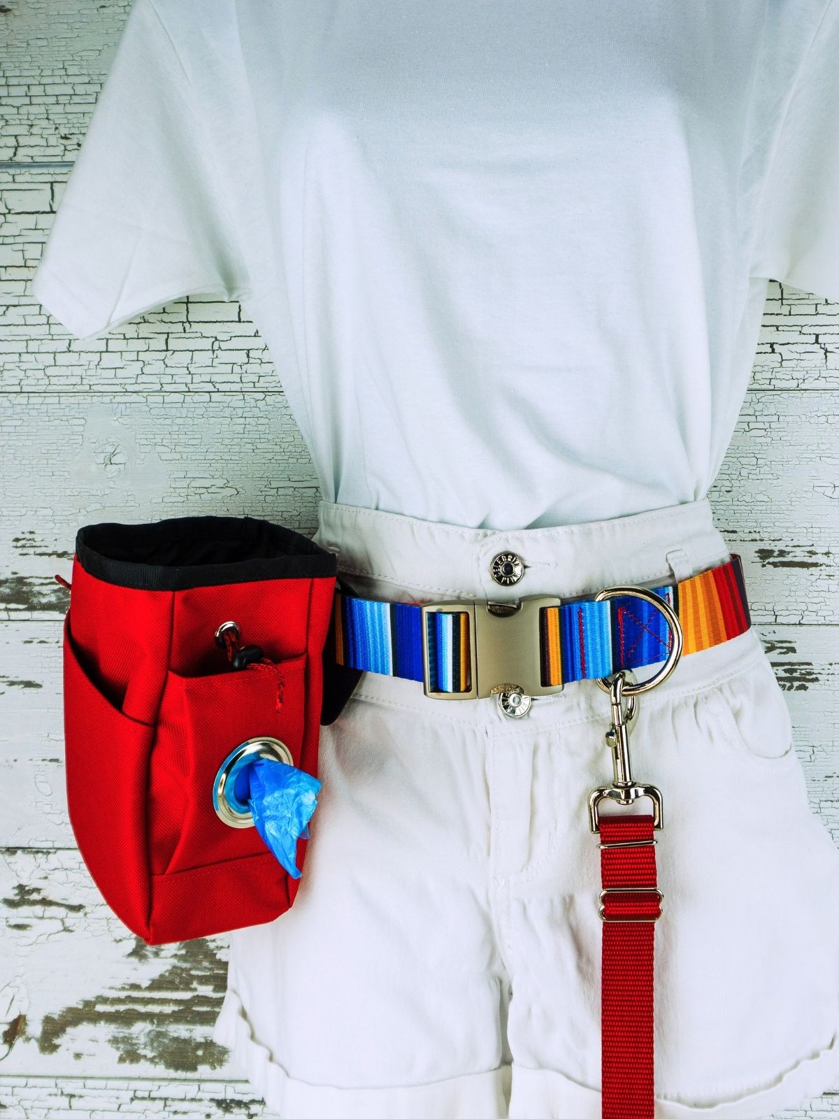 Serape patterned leash belt with clip on red leash and red treat pouch with poop bag dispenser.