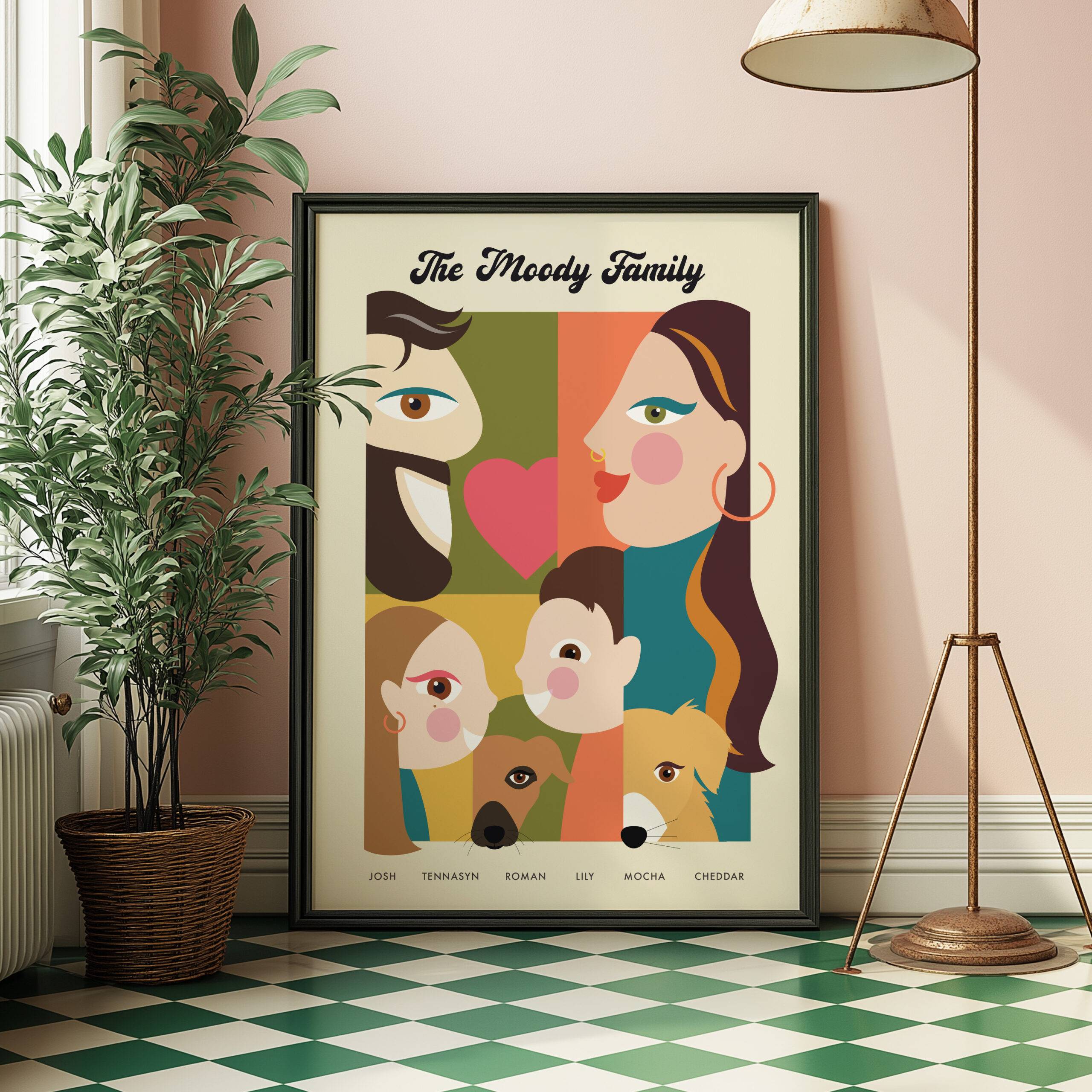 An art print featuring a minimalist and modern stylized family portrait with the text of the fmaily last name. The artwork includes illustrated faces, a heart, and the family names. The color palette includes MCM colors of olive green, orange, turquoise and beige.