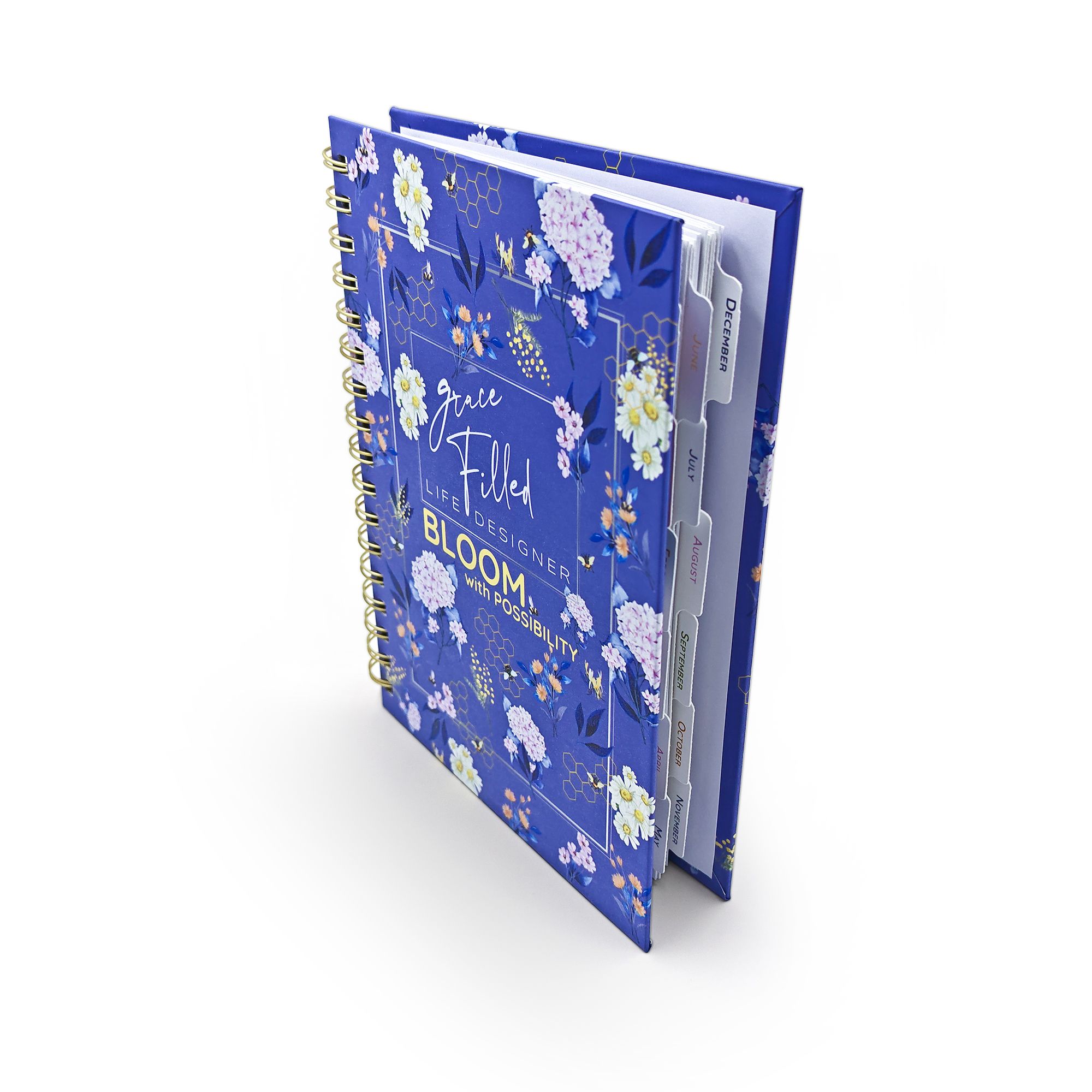 Grace Filled Life Designer Bloom with Possibility spiral-bound planner with floral blue cover