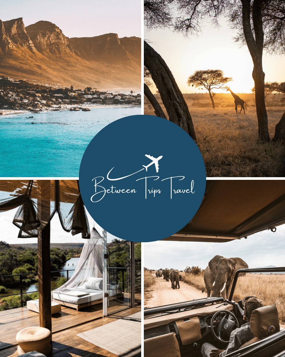 Collage of luxury African safari experiences: Cape Town coastline with Table Mountain, giraffe silhouetted against golden sunrise, open-air safari vehicle viewing elephant herd, and elegant glass-walled suite at Singita Lebombo lodge overlooking wilderness, with Between Trips Travel logo